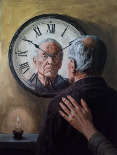 Time An acrylic painting on gesso, on board. Painted in 2025. Supplied in simple square gold effect frame approximately 65cm x 50cm.